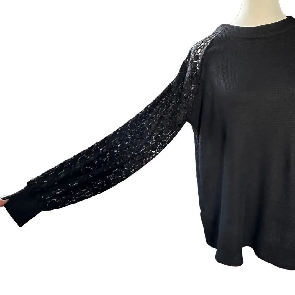 MIHOLL Lace Long Sleeve Casual Loose Top Solid Black Size Medium - Image 7