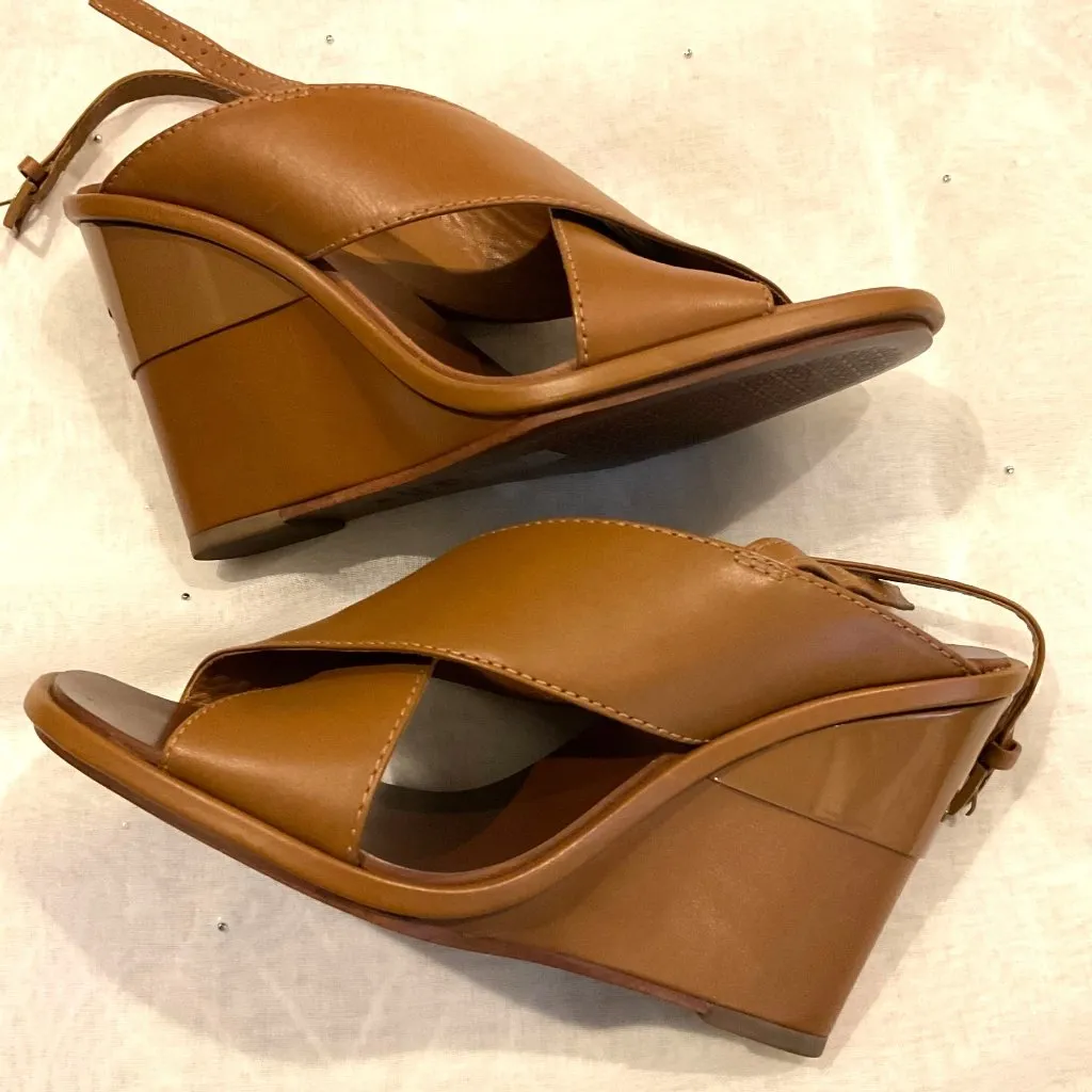 New without box Tory Burch brown wedge sandals Royal Crisscross Leather SZ7 - Image 7