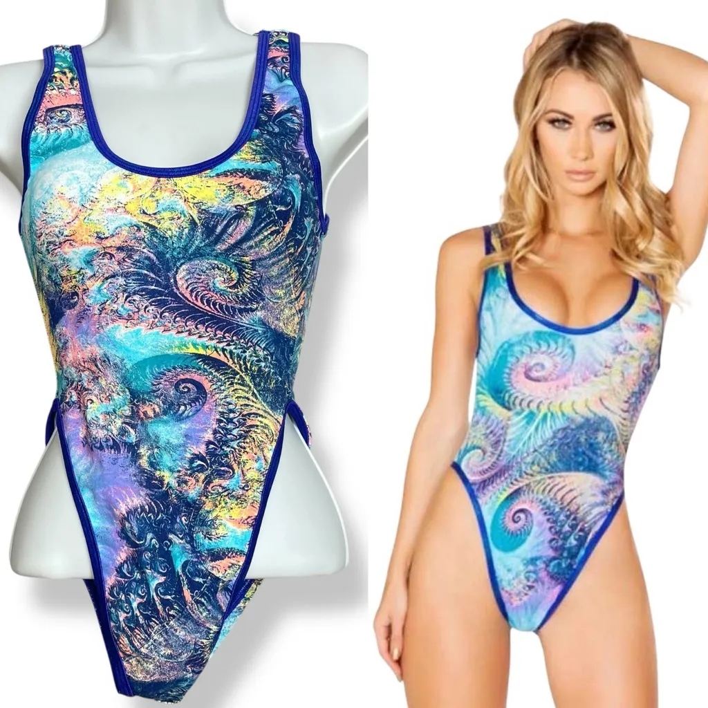 J. Valentine Bodysuit EDM Gear Stretch Tank Bodysuit Rave Swirl Design Small/Med Blue - Image 3