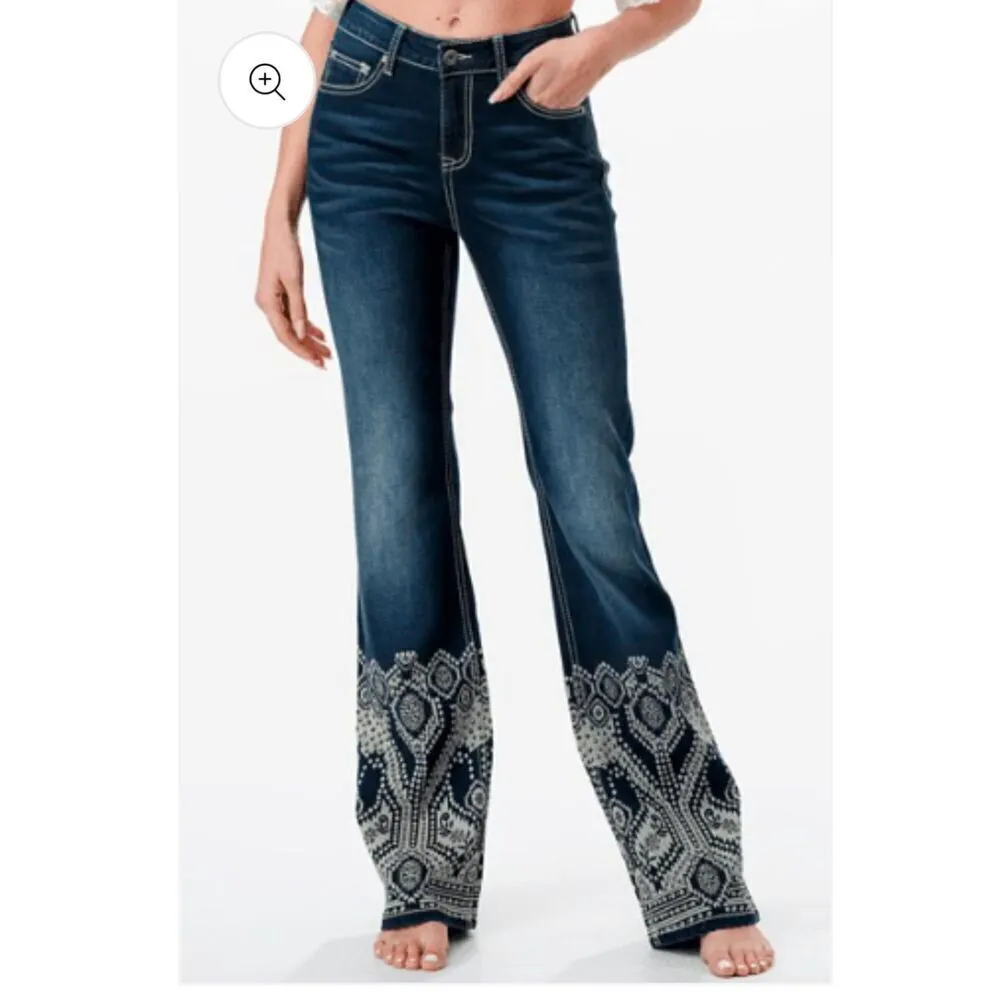 GRACE Cowgirl womens high rise bootcut jeans blue rodeo western denim print 28 - Image 2