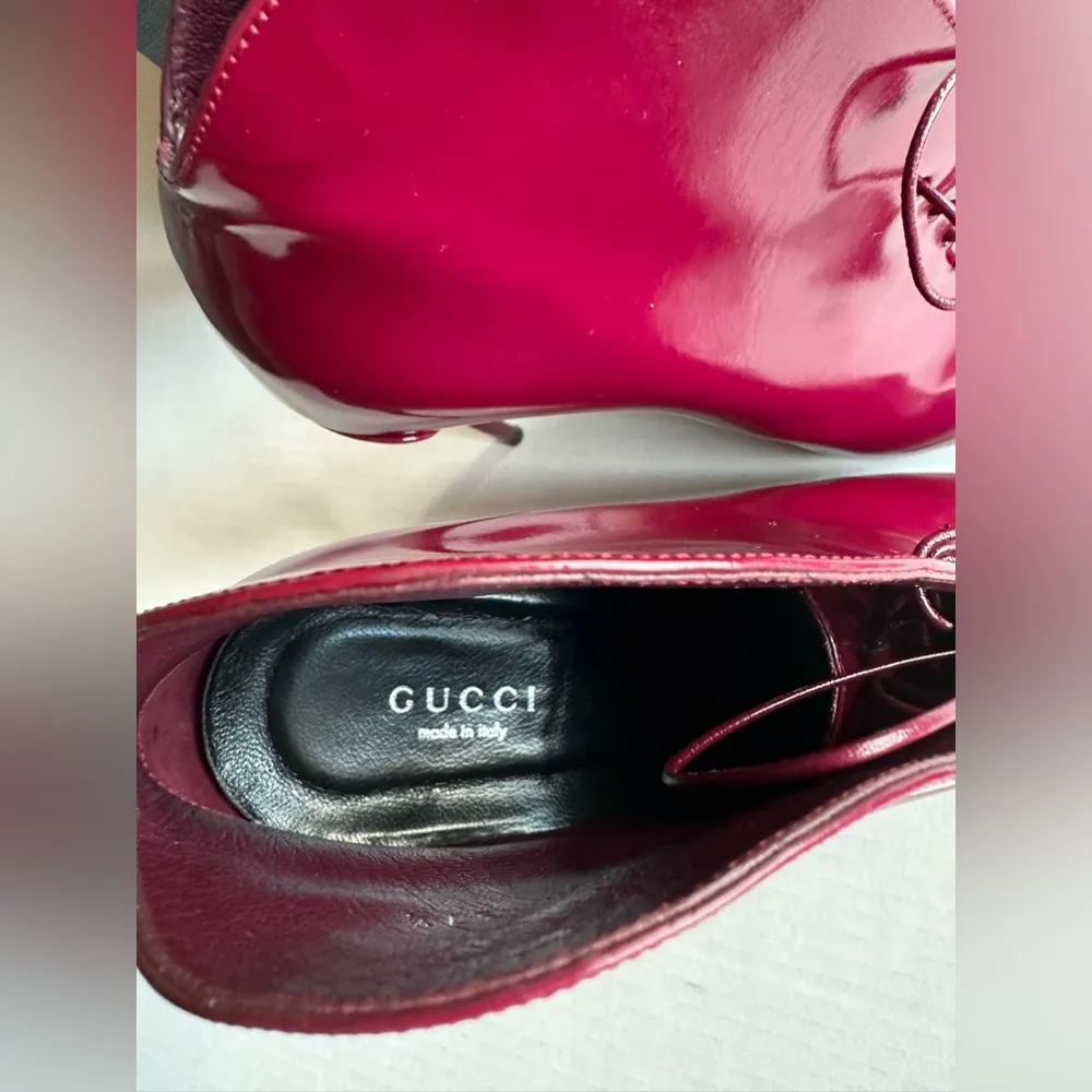 Gucci Berry Patent Leather Lace Up Kim Ankle Boots Burgundy Red 37.5/7.5 EUC - Image 14