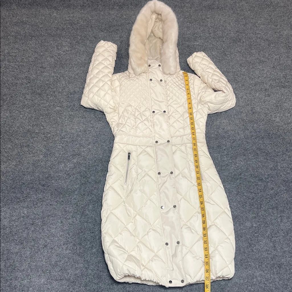 Karen Millen Women's Quilted Cream/ Pearl White Coat with Hood Size 2 - Image 7