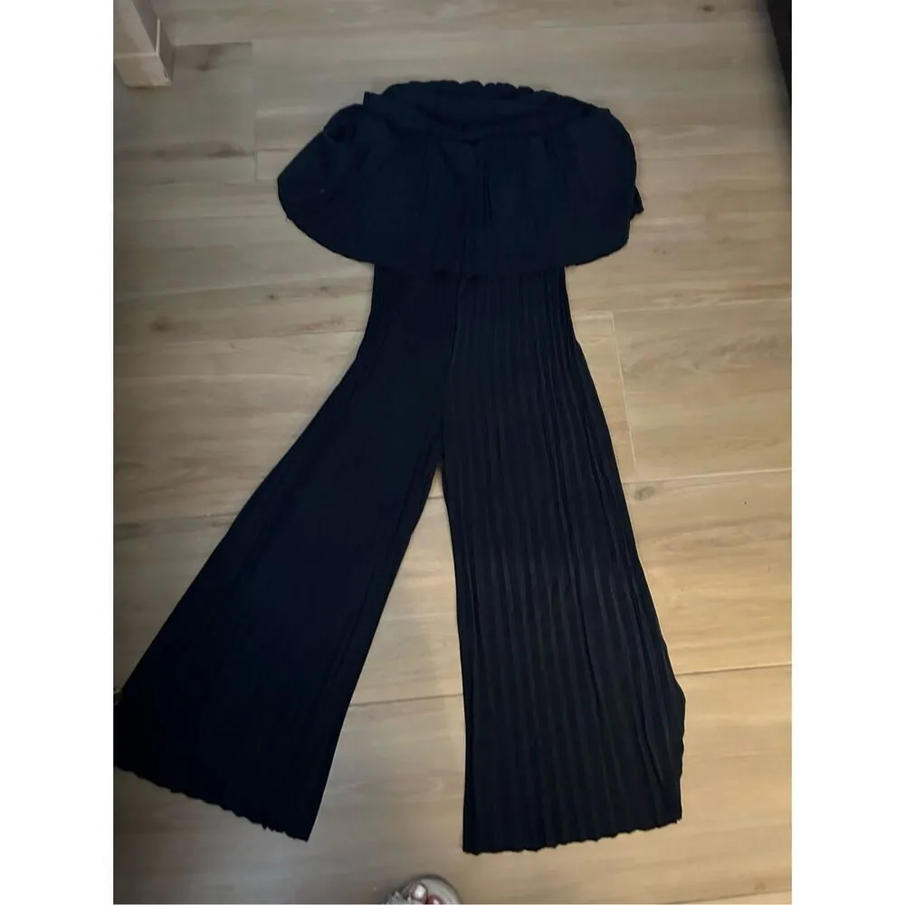 NEW Off Shoulder Strapless Pleated Wide Leg Palazzo Pants Jumpsuit L Blue Size M - Image 2