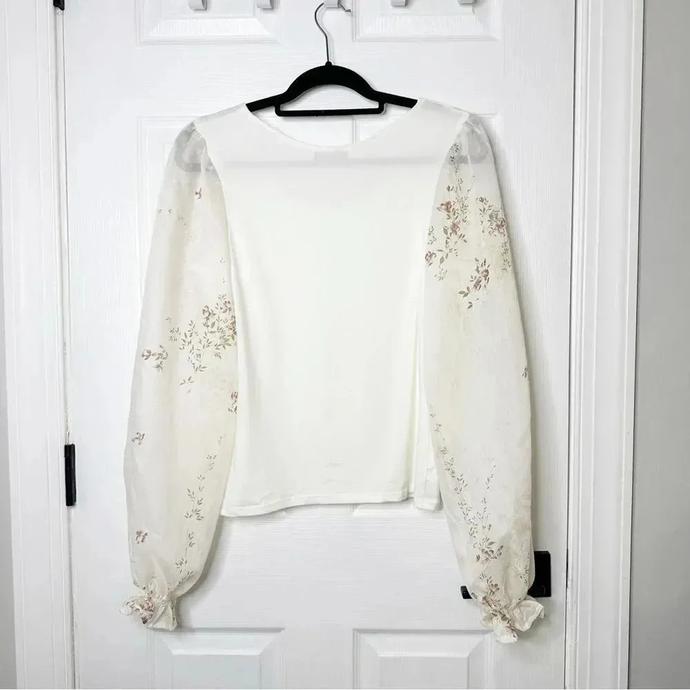 Natalia Trevino Amaro Scoop Neck Long Sheer Floral Balloon Sleeve Top Size‎ S White - Image 4