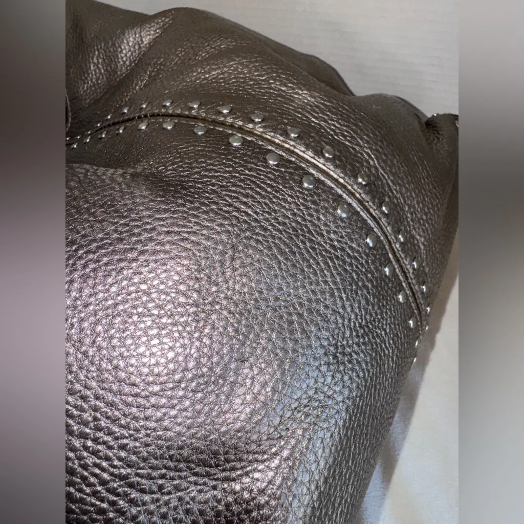 Michael Kors Metallic Gray Leather Studded Chain Strap Satchel Shoulder Bag Silver - Image 9