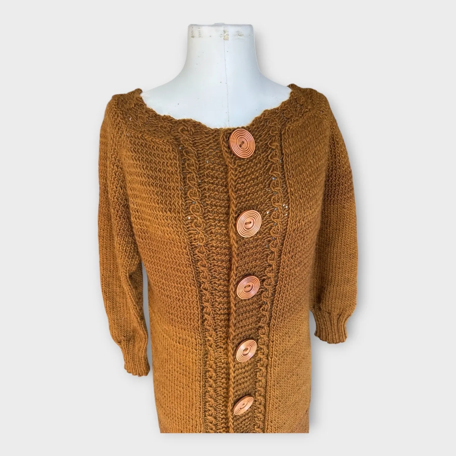 Handmade Chunky Knit Cardigan Duster Sweater Caramel Brown Women's S/M Lagenlook - Image 2