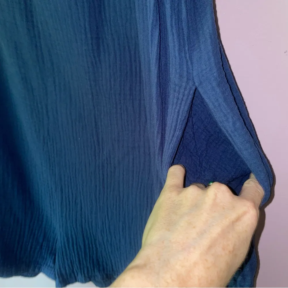 Lush Size M Navy Blue Romper Gauze Muslin Cotton Shorts Jumpsuit Pockets Coastal - Image 3