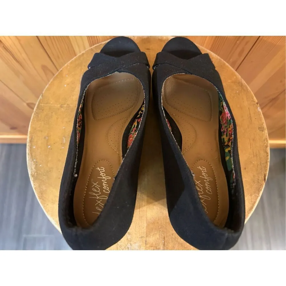 Dexflex Comfort Womens Black Peep-Toe Wedge Heels Size 9.5 With Floral Insole - Image 5
