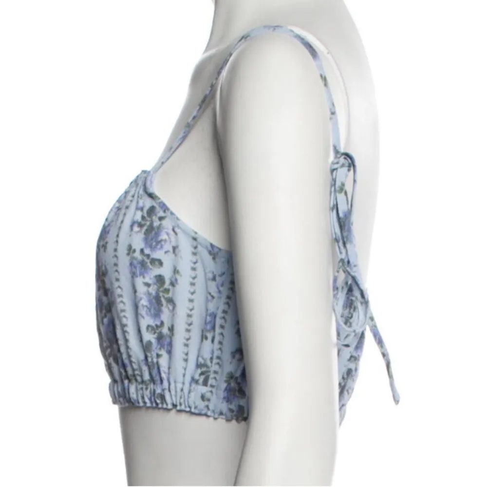 Love Shack Fancy Floral Print Graphic Baby Blue Square Neck Line Crop Tank Top - Image 2