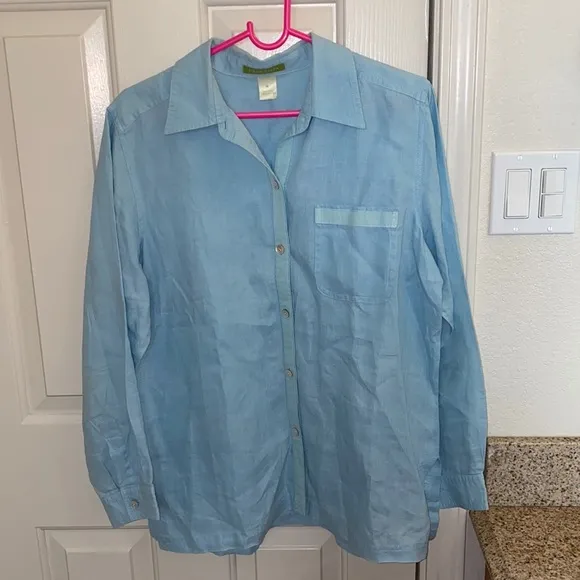 Sigrid Olsen Women’s Blue Button Down Linen Shirt Sz M GUC Comfy Lightweight - Image 13