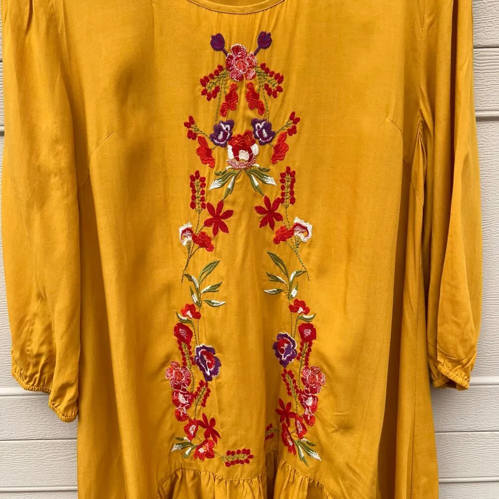 Jodifl Floral Embroidered High Low Flowy Dress Size Large Golden Yellow - Image 2