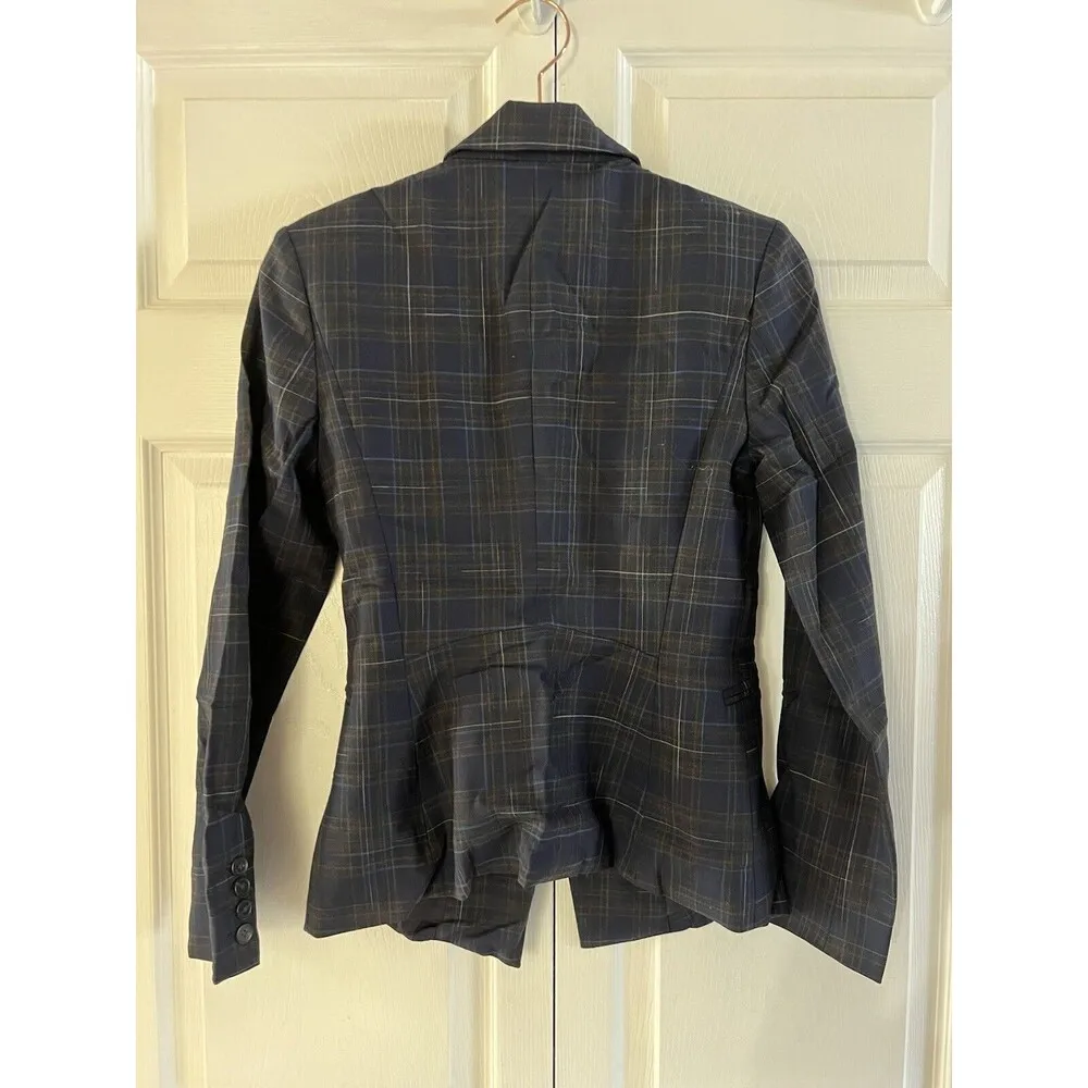 MM Lafleur Blazer Womens Navy Plaid Two Button Jacket Size 0 - Image 6