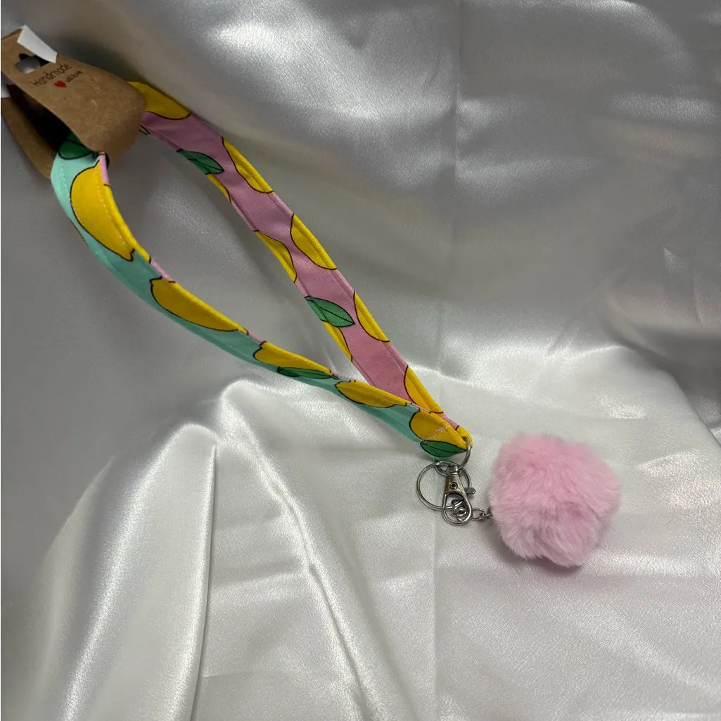 Handmade Colorful Lemon Wristlet Keychain with Light Pink Pompom - Image 6