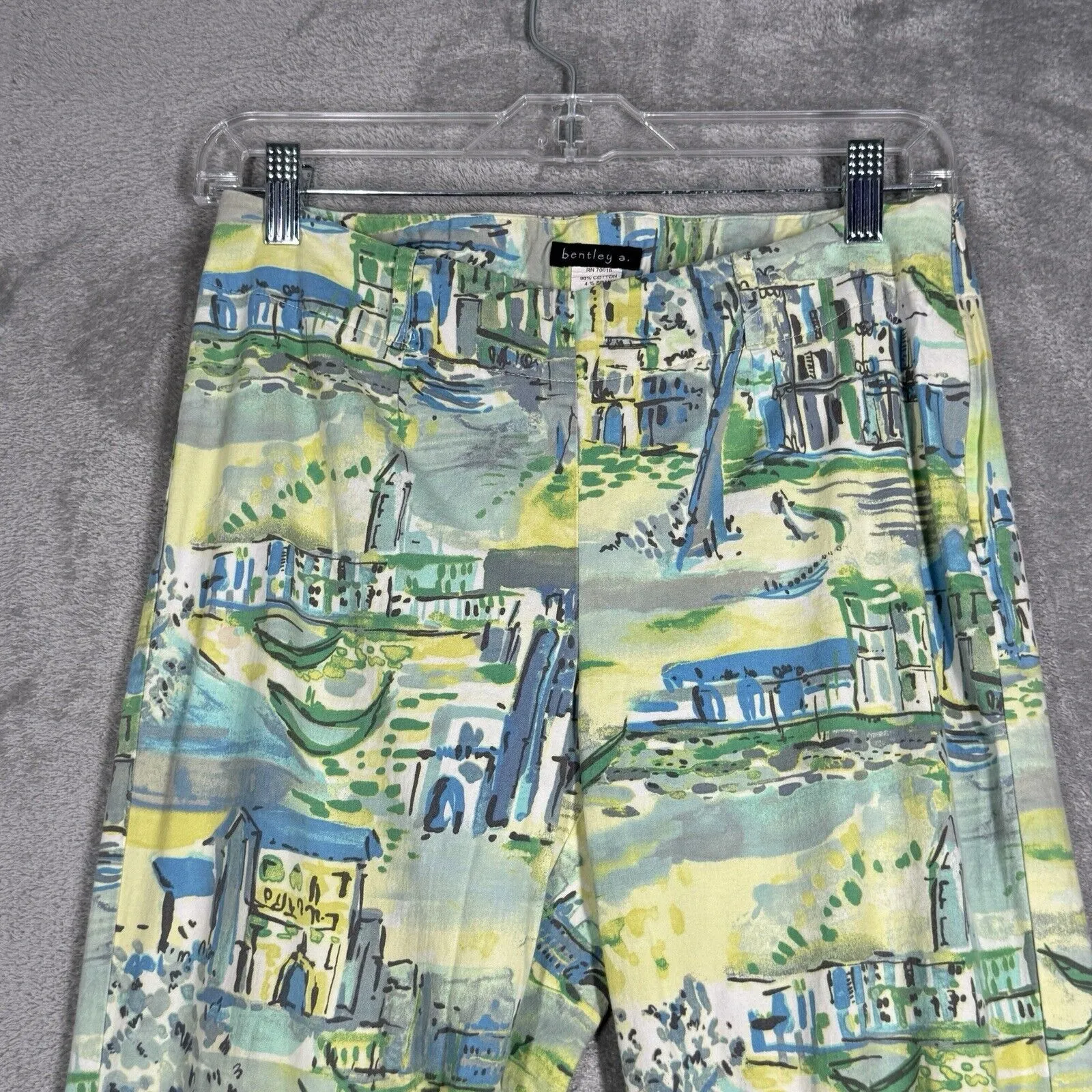 Bentley A Pants Womens 4 Blue Yellow Scenic Print Cropped Capri Bohemian Coastal - Image 4
