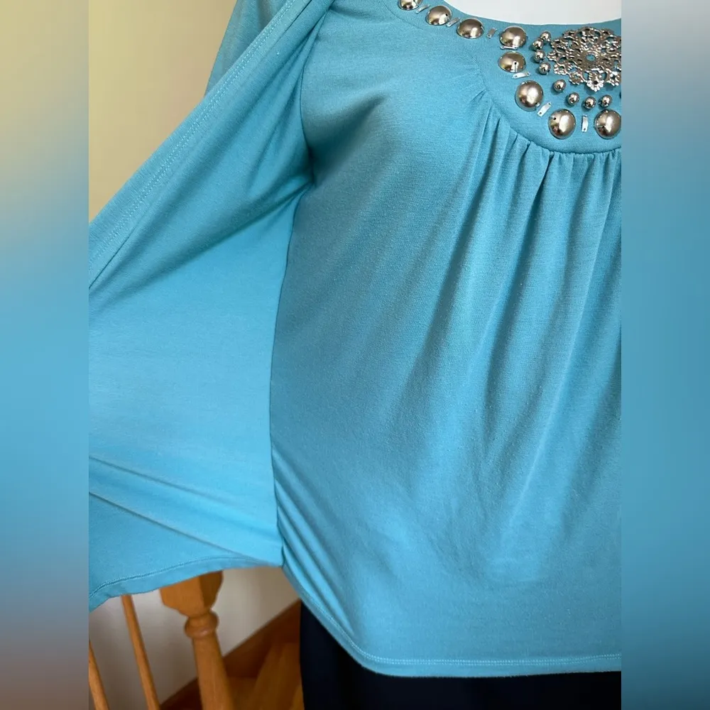August Silk Blue Attached Top & Jacket With Silver Jewels Short Sleeves SZ P - Image 5