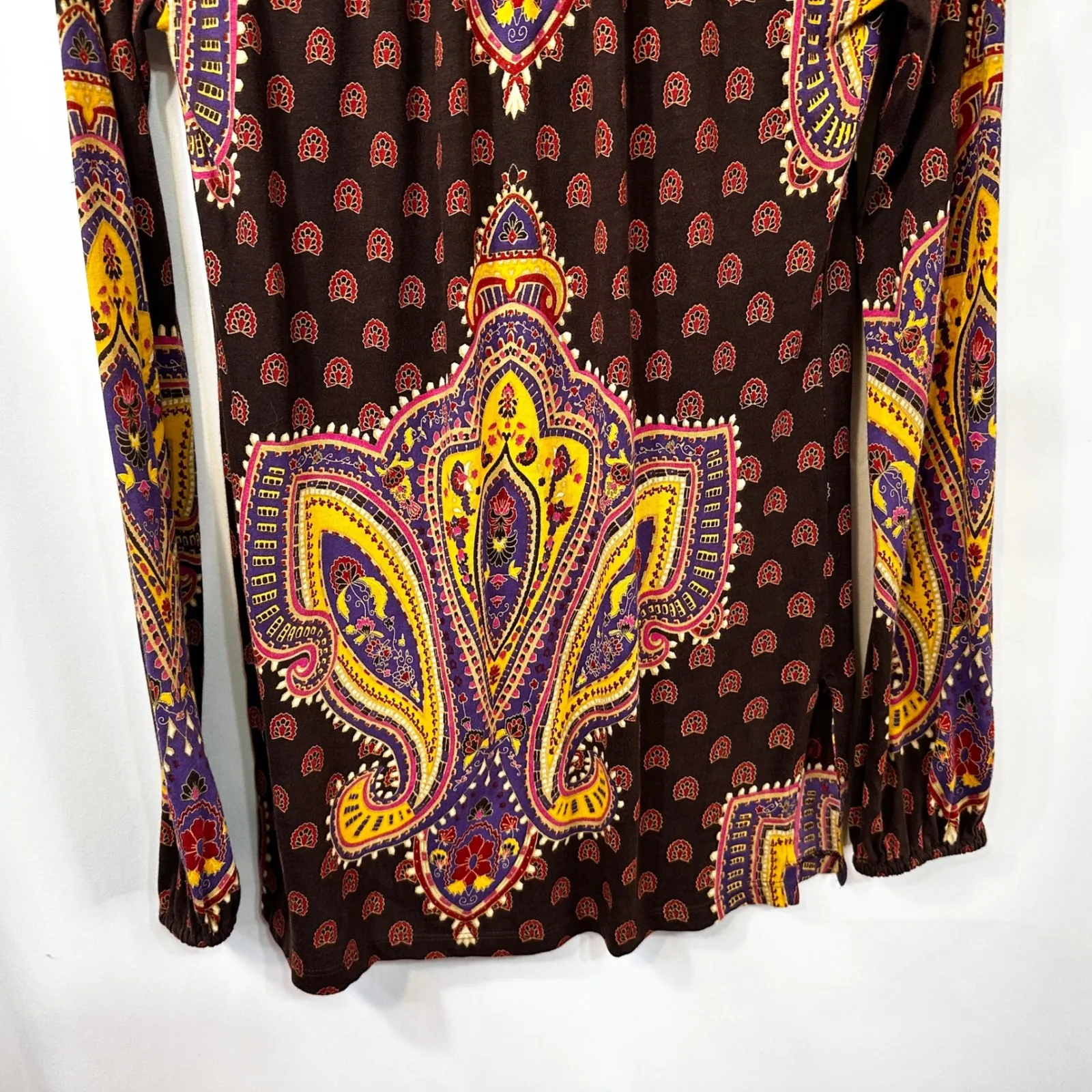 Lucky Brand XS‎ Top VTG Y2K Hippie Paisley Smocked Brown Lotus Grunge Boho 1309 - Image 9