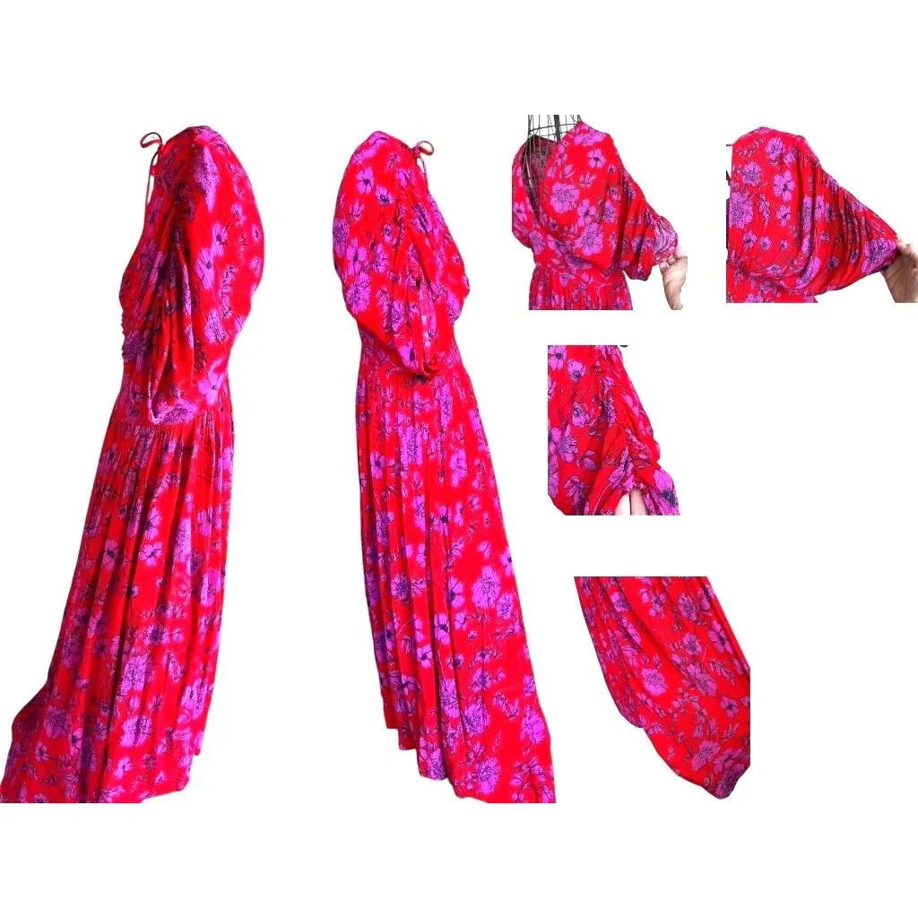 Band of Gypsies Hi Low Dress Small Red Pink Flowers Stretch Waist Festive READ - Image 10