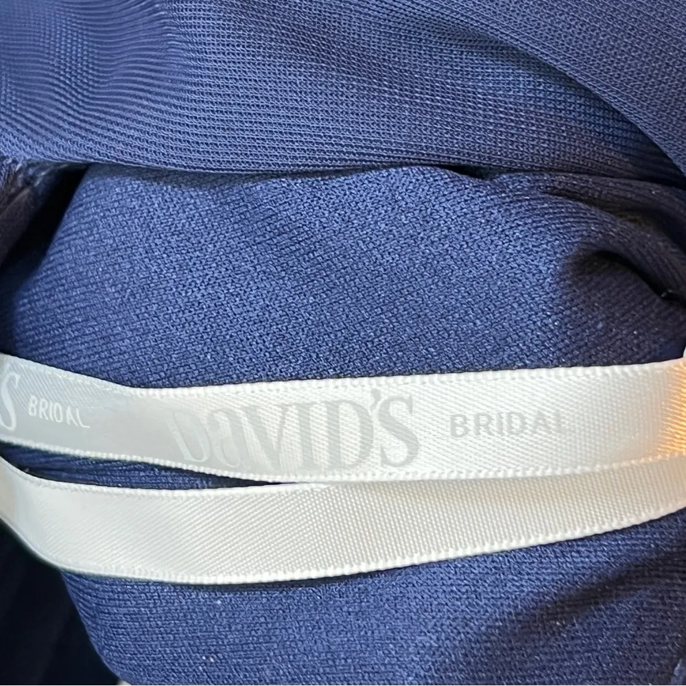 David’s Bridal Size 6 V-Neck Navy Blue Surplice Peplum Chiffon Dress - Image 11