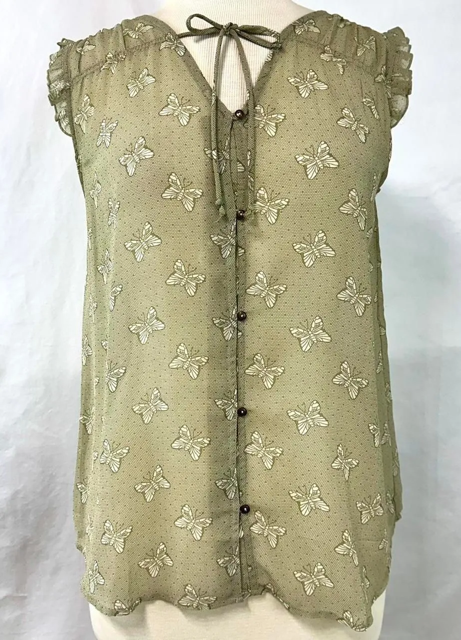 MATILDA JANE Green White Sheer Butterfly Print Tie Neck Sleeveless Blouse Small - Image 1