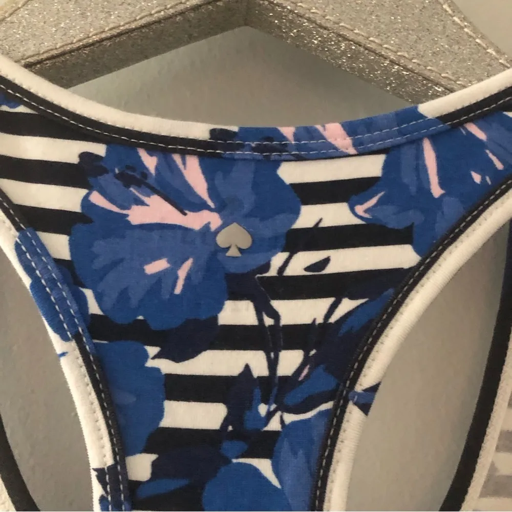 Kate Spade Blue Floral and Stripe Ruffle Trim Racerback Tank Top - Image 7