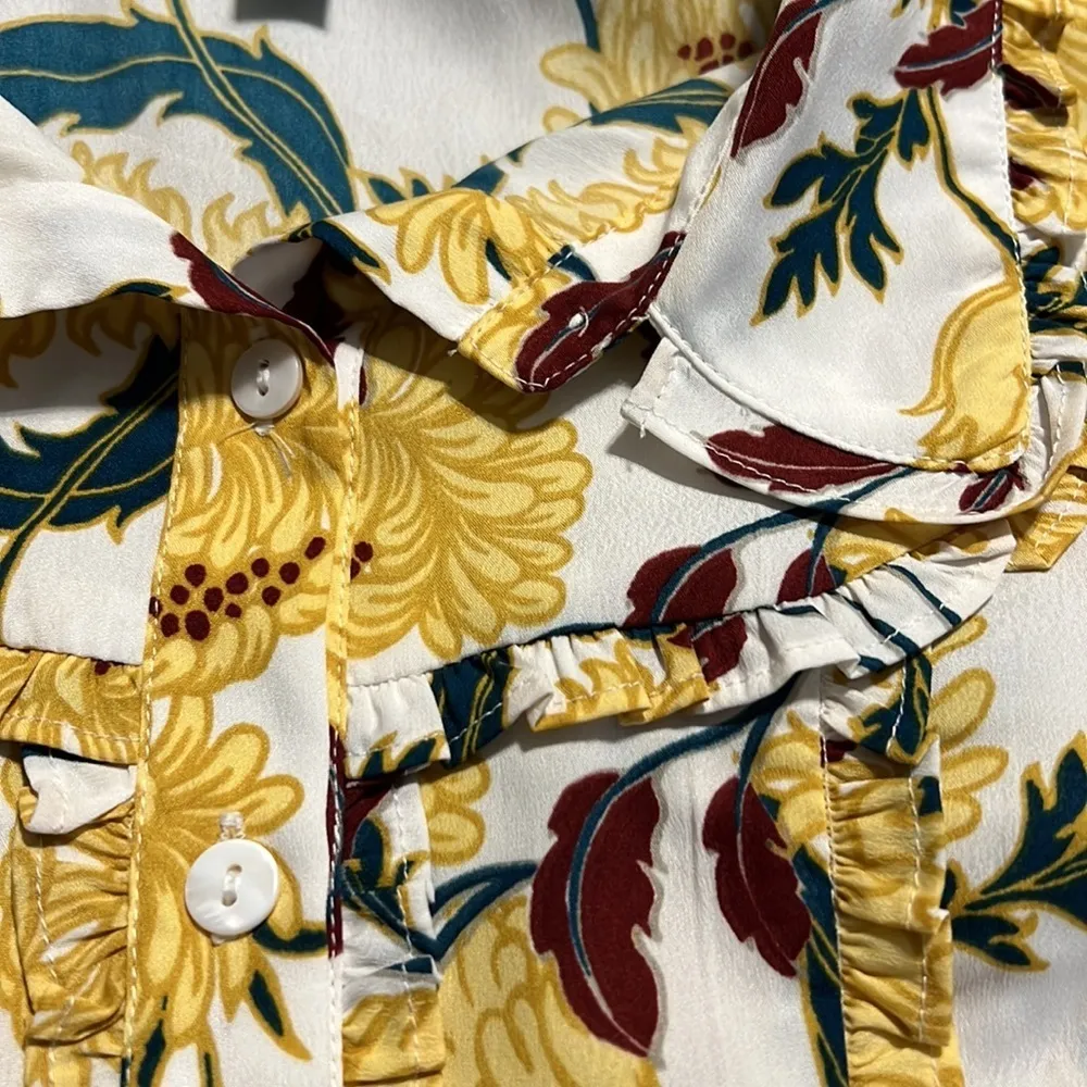 ModCloth medium womens short sleeve ruffle button down boho floral retro print - Image 7