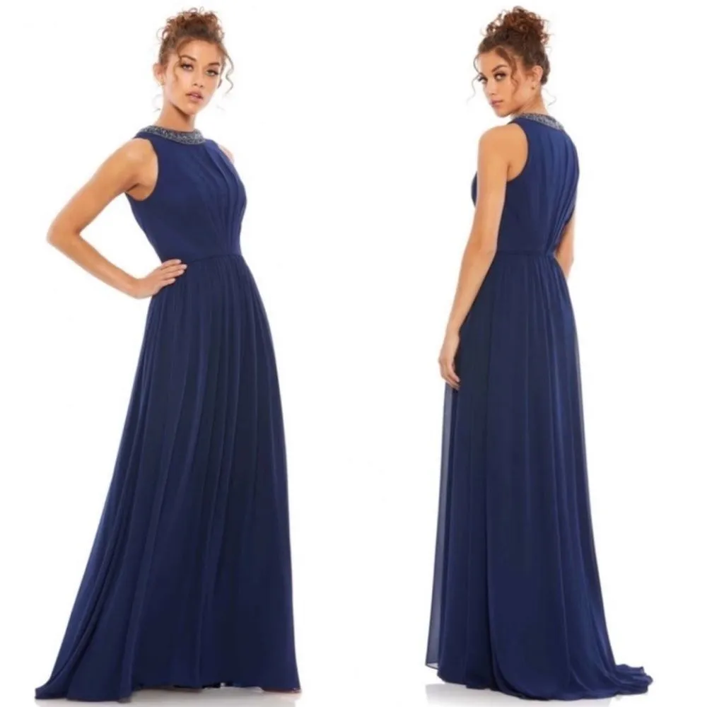 NWT Mac Duggal Ieena Bejeweled Neckline Pleated Chiffon Gown Size‎ 14 Navy Blue - Image 2