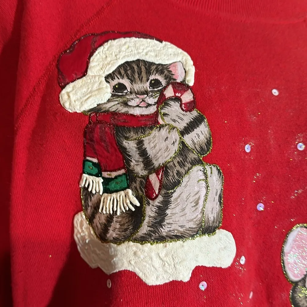 Adorable Vintage 1990s Y2K Cat and Mouse Christmas Sweatshirt Pannill Medium Red - Image 8