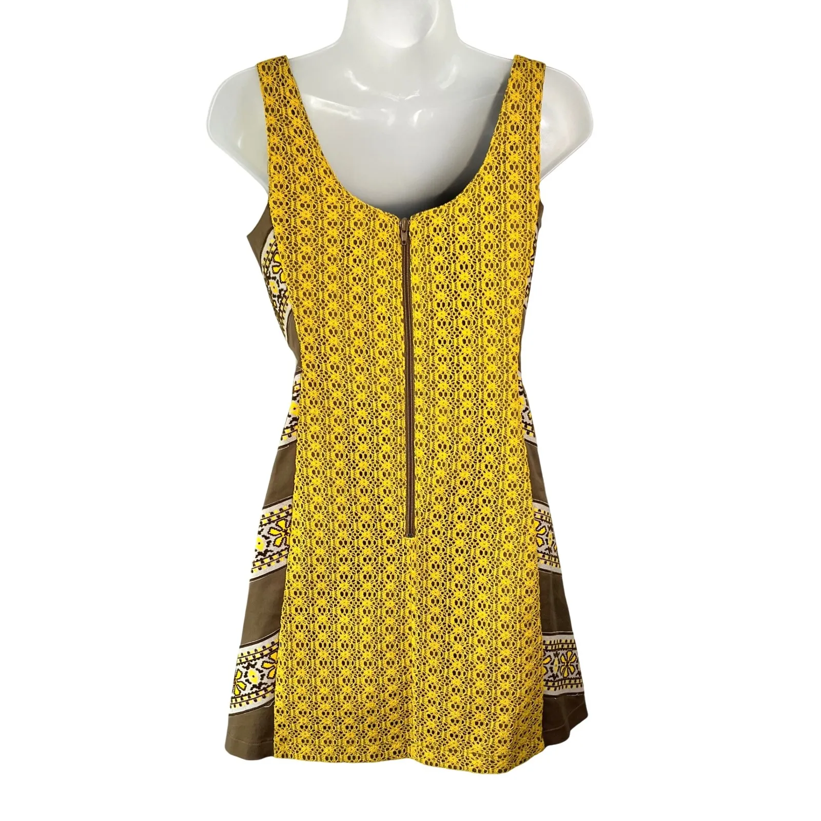 Judith‎ March Mini Dress Yellow Brown Embroidered Crocheted Size Small - Image 2