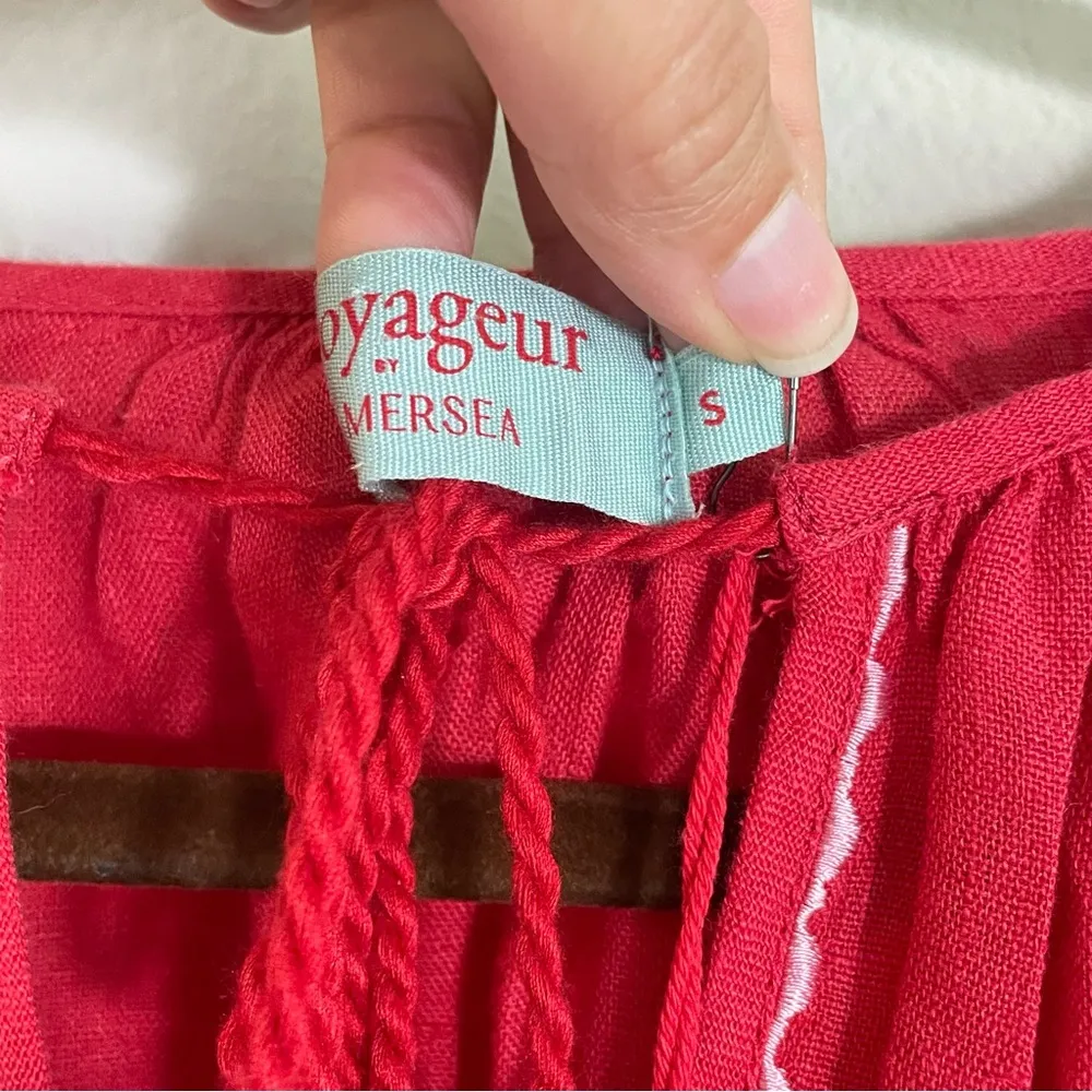 MERSEA Red Linen‎ Embroidered Sleeves Tie Neck Popover Top NWT Size Small - Image 4