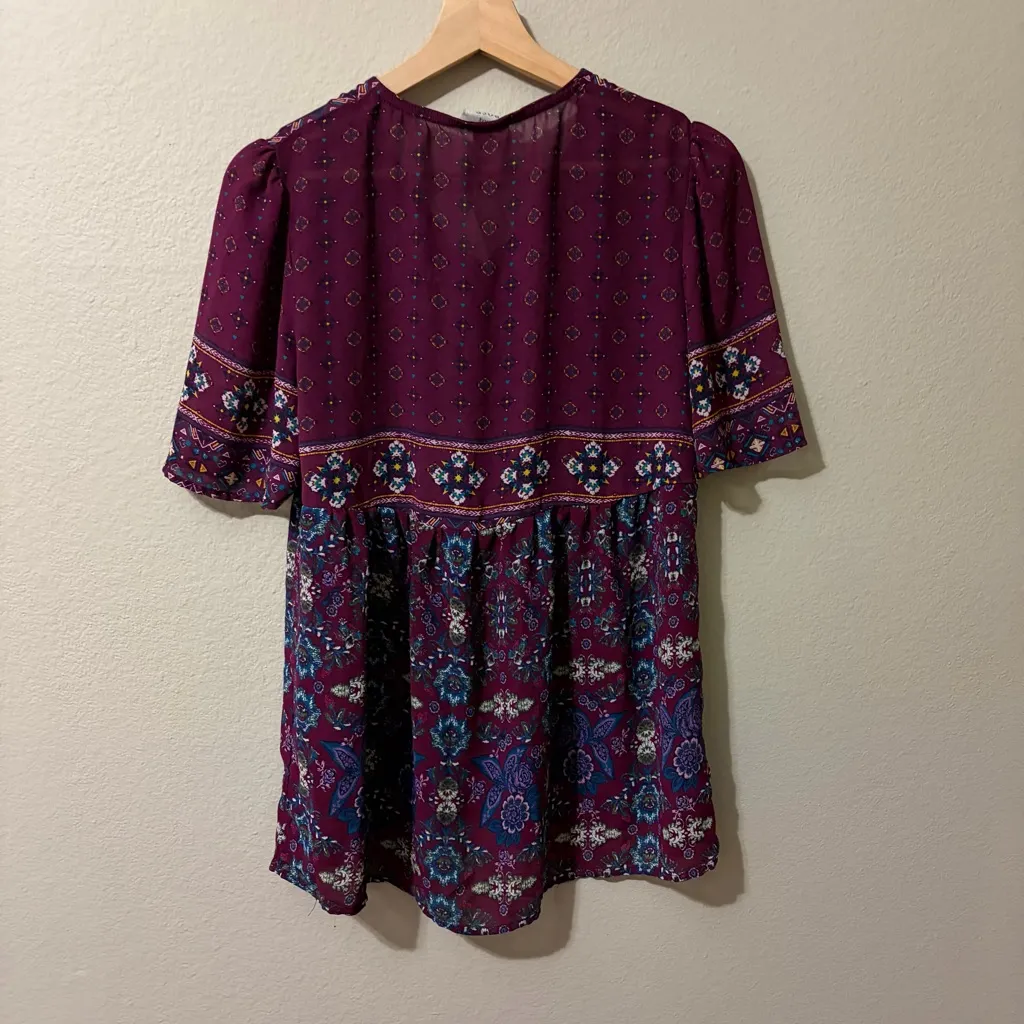 Knox Rose Floral Babydoll Tassel Blouse Lace Up Short Sleeve Multicolor Size S - Image 3