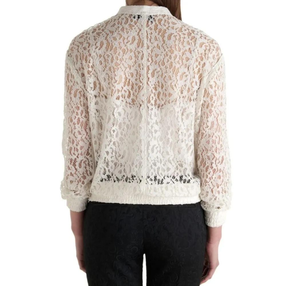 Kooples Ecru Lace Jacket Cream Sheer Floral Cut-Outs Cutouts Crochet Bomber Coat - Image 2