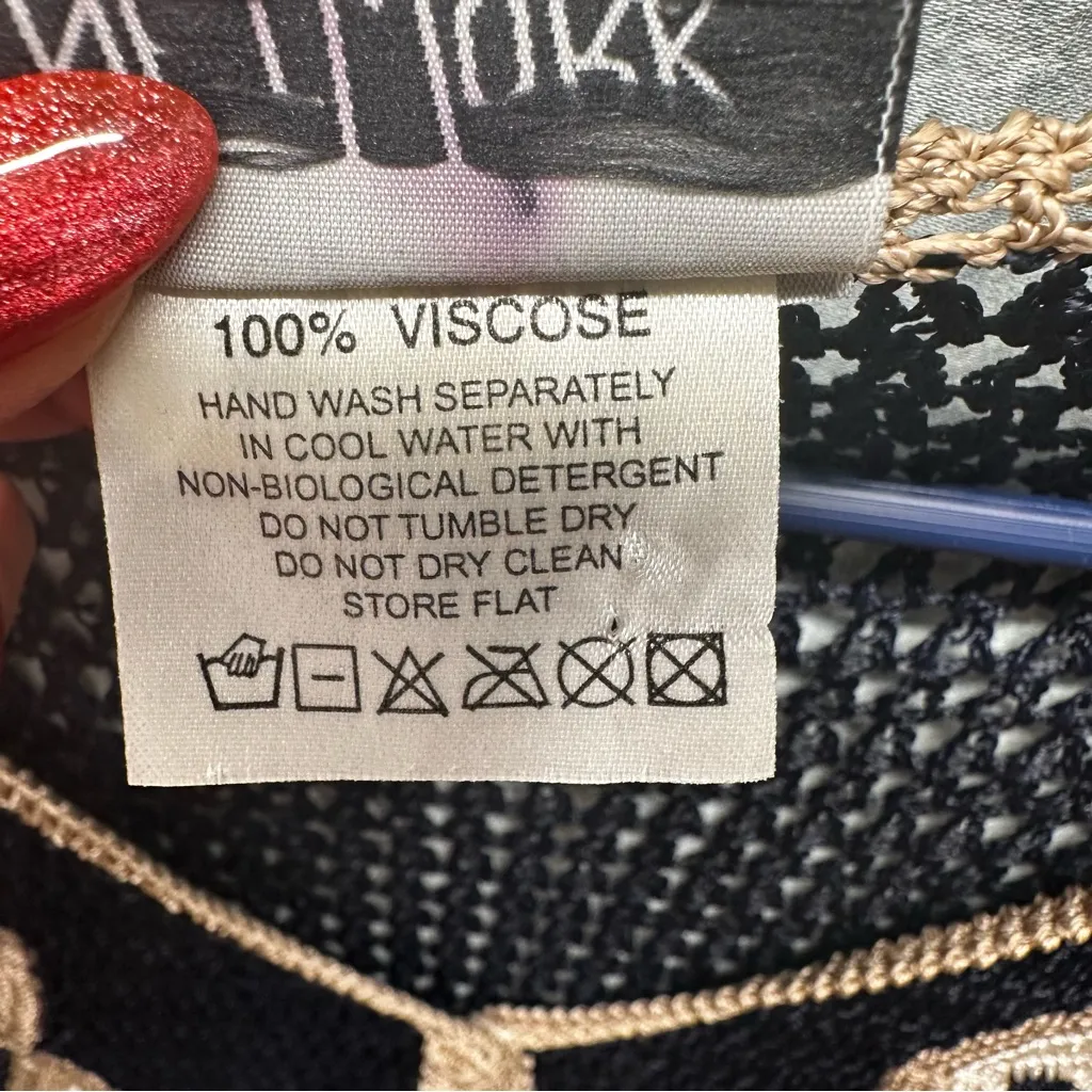 NETWORK Vintage Hand Made Crochet 100% Viscose Navy Blue Tan Cardigan S/M Black Size undefined - Image 8