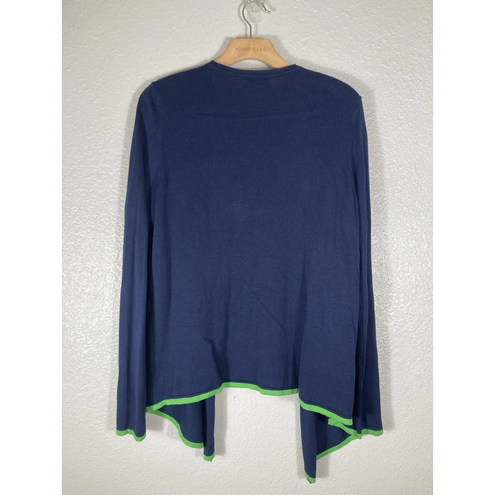 Kim Rogers Cardigan S Open Front Womens Navy Blue Sweater Green Trim Grommets - Image 6