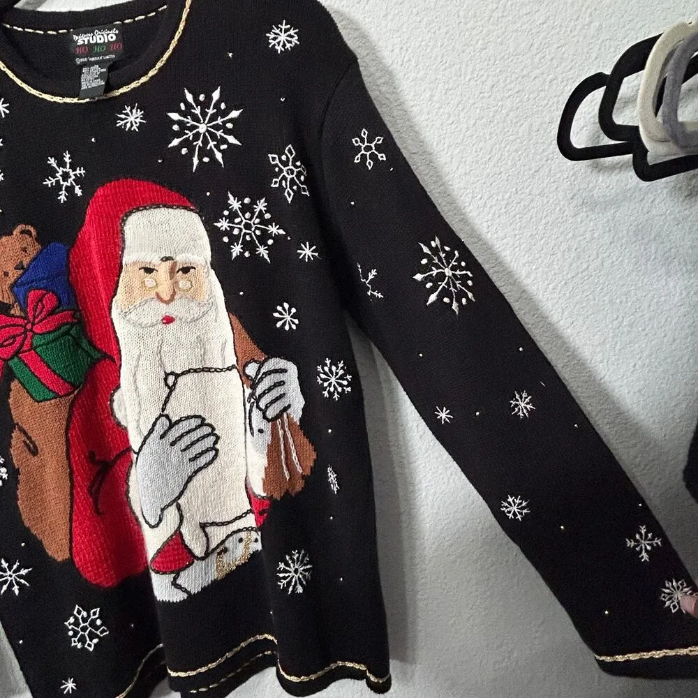 Vintage Studio Ho Ho Ho Santa Christmas Sweater Ugly Christmas Sweater Party Med Black - Image 4