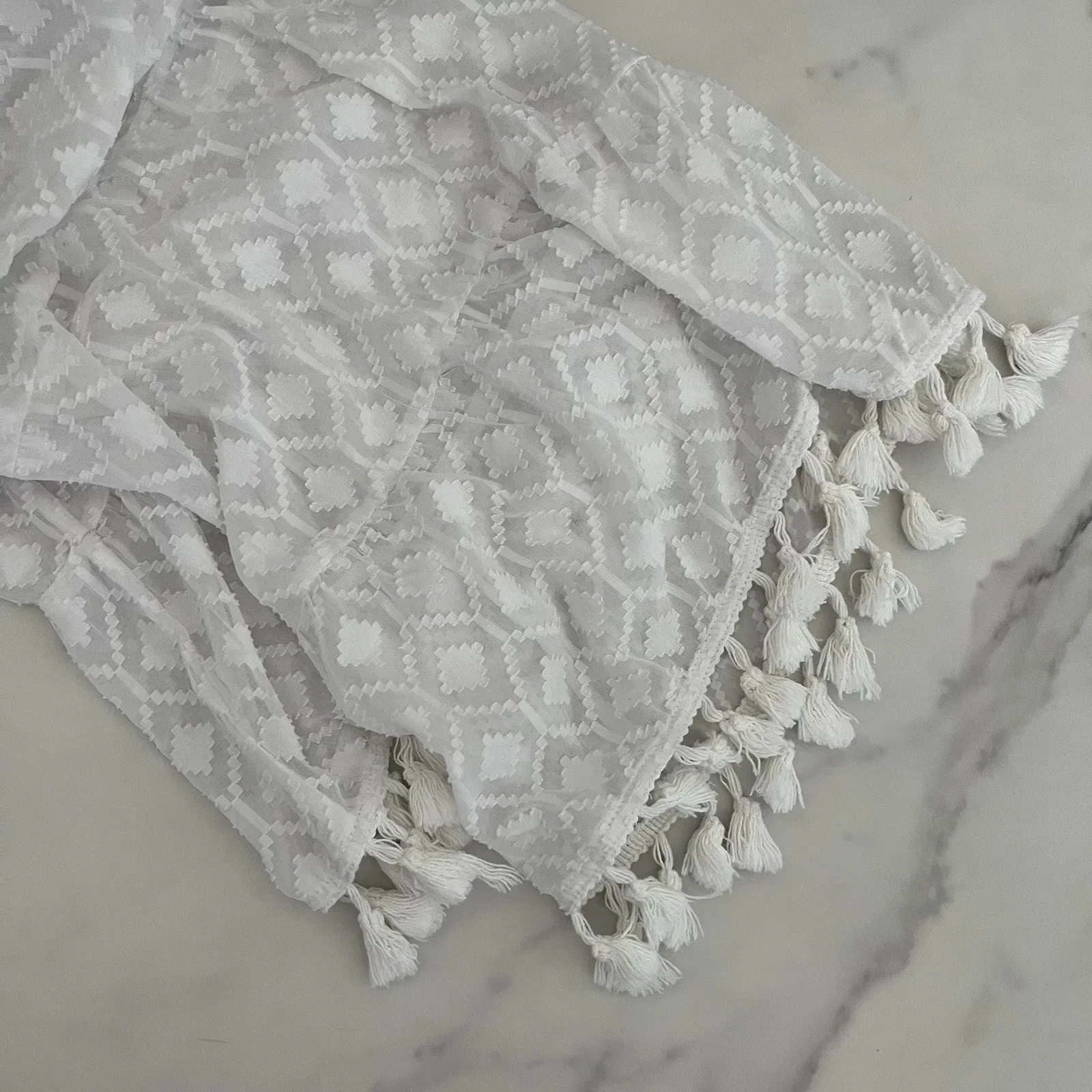 Boston Proper Long sleeve novelty fabric Tassel trim Sun dress white Sz S boho - Image 9