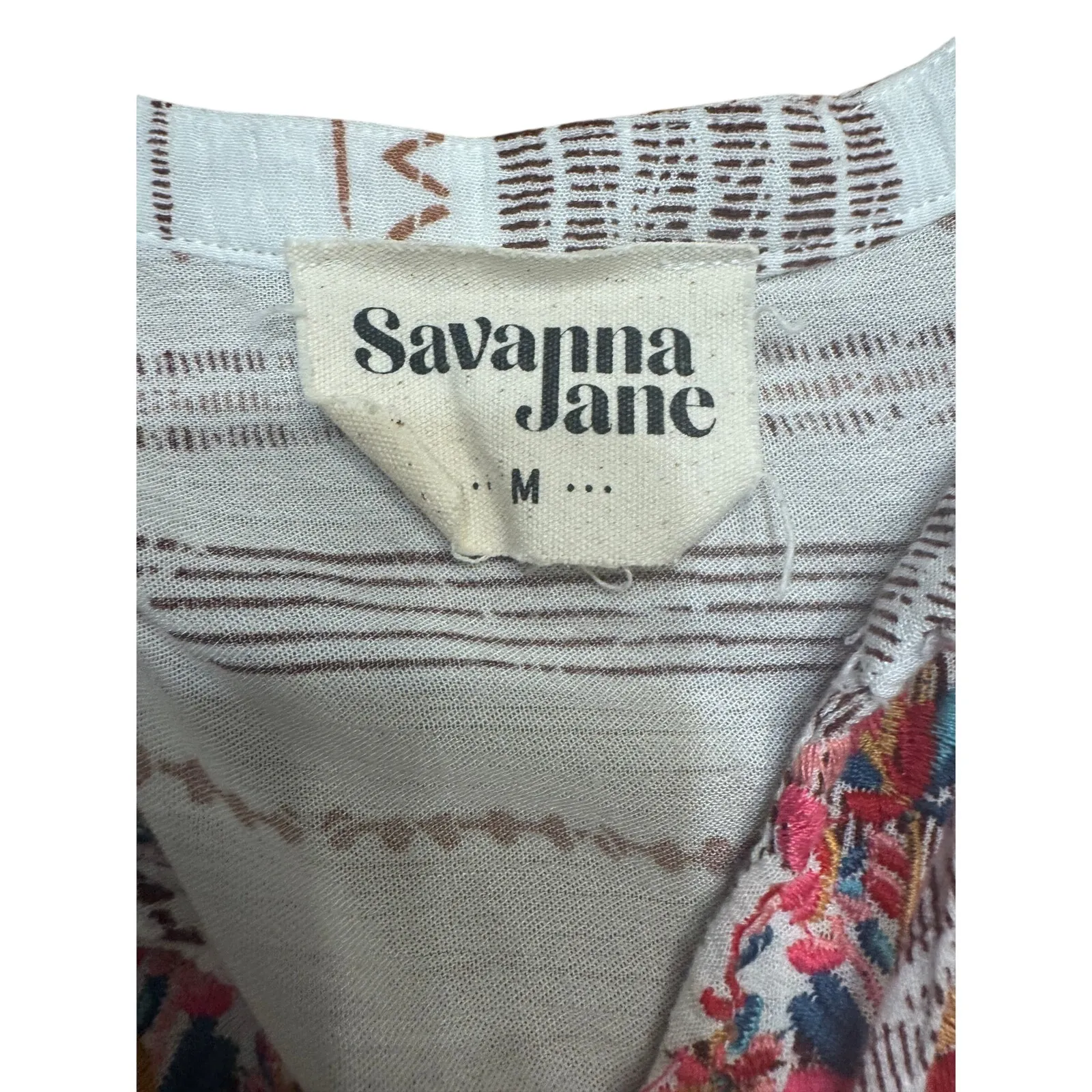 Savanna Jane Embroidered Boho Tunic Top, Floral Embroidery, Tassel Tie, Size M White Size M - Image 4