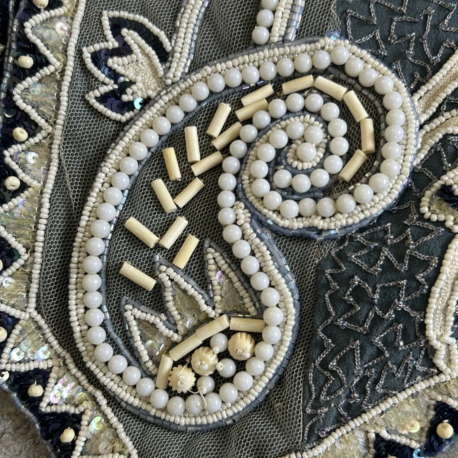 Ella Singh Vest Womens Large Beaded Sequins Silk Festival Boho Blue Cream Heavy - Image 4