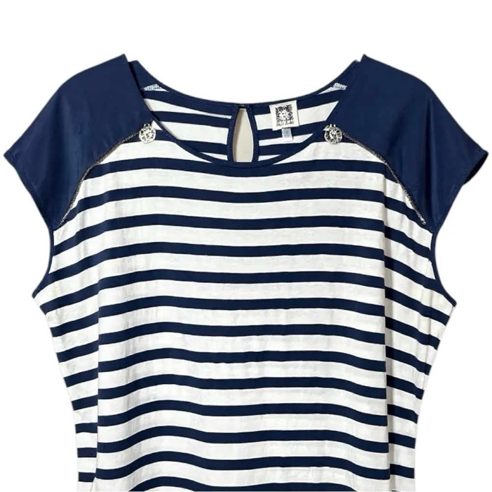 ANNE KLEIN White & Navy Sailor Striped Cap-Sleeve Top, Gold Logo Zipper - Image 2