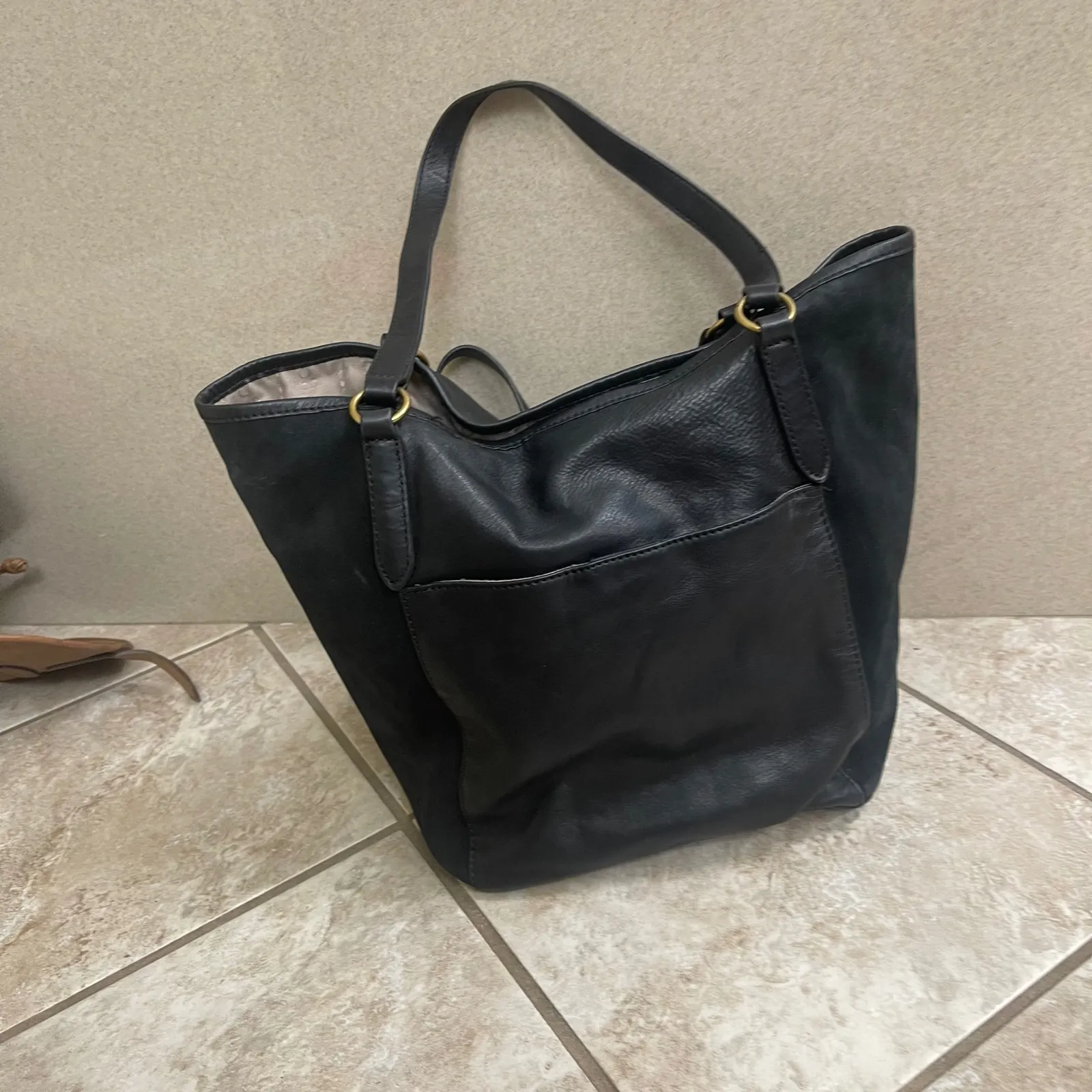 Margot New York Black Leather & Suede Tote Bag Shoulder Bag Gold Hardware - Image 7