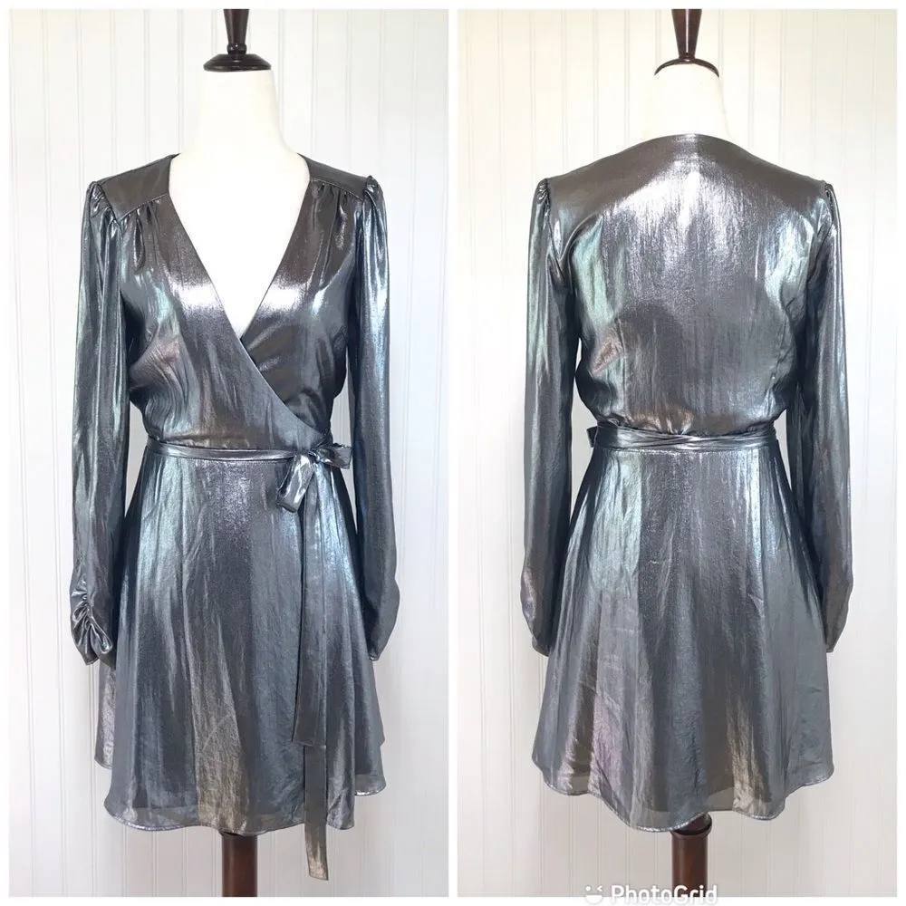 GIANNI BINI Silver Metallic Mini Wrap Dress Long Sleeve Party Pewter Size XS New - Image 3