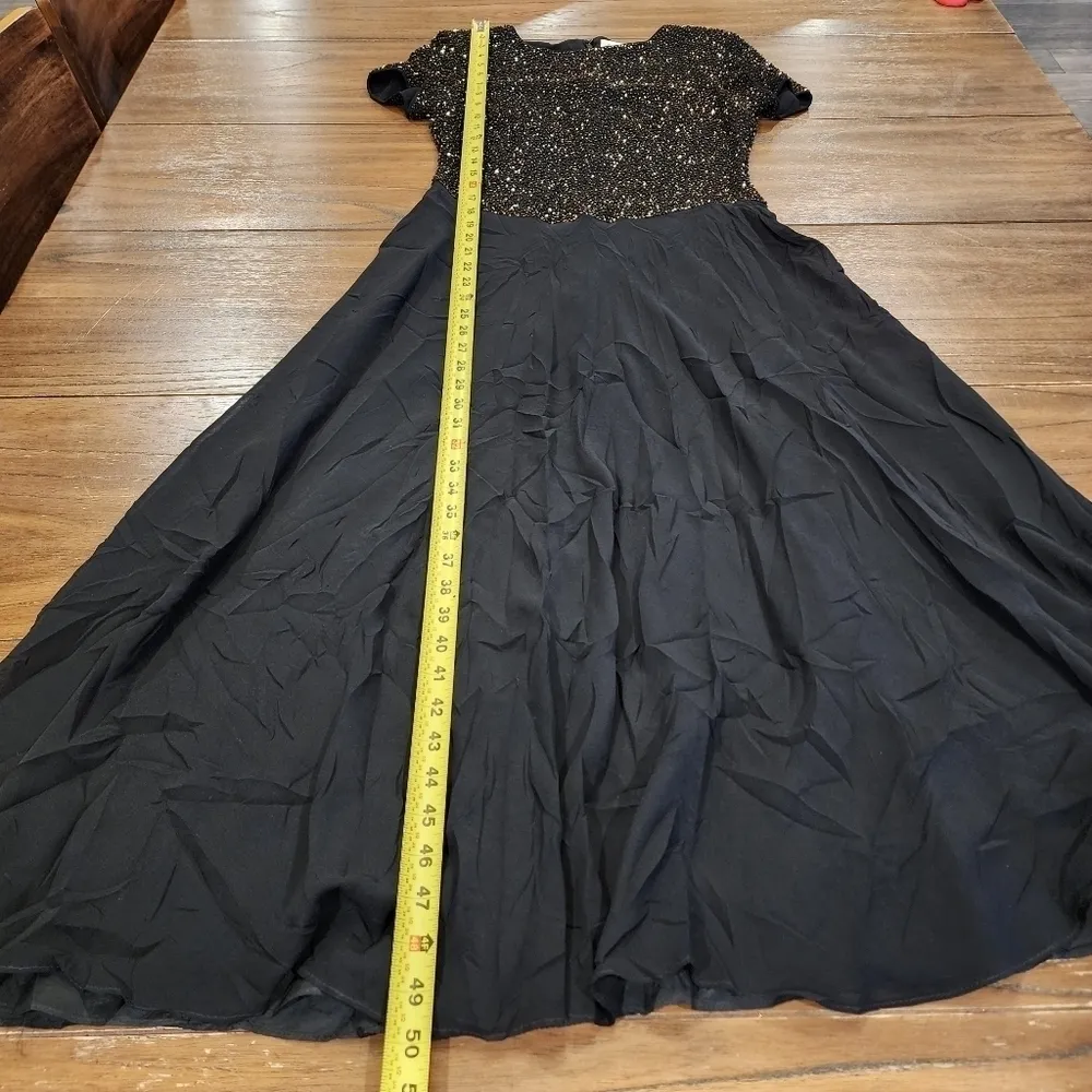 Vintage Bieff Basix Black Silk Short Sleeve Retro gold Beaded Midi Dress 6 - Image 6
