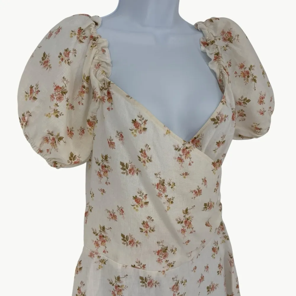Reformation Bowie Linen Puff Sleeve Mini Dress | Sz 8 | Ivory Mildred Floral - Image 5