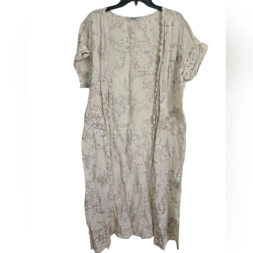 Elena Baldi Linen Duster Lace Floral Patterned Cream Kimono Made In Italy M - Image 2