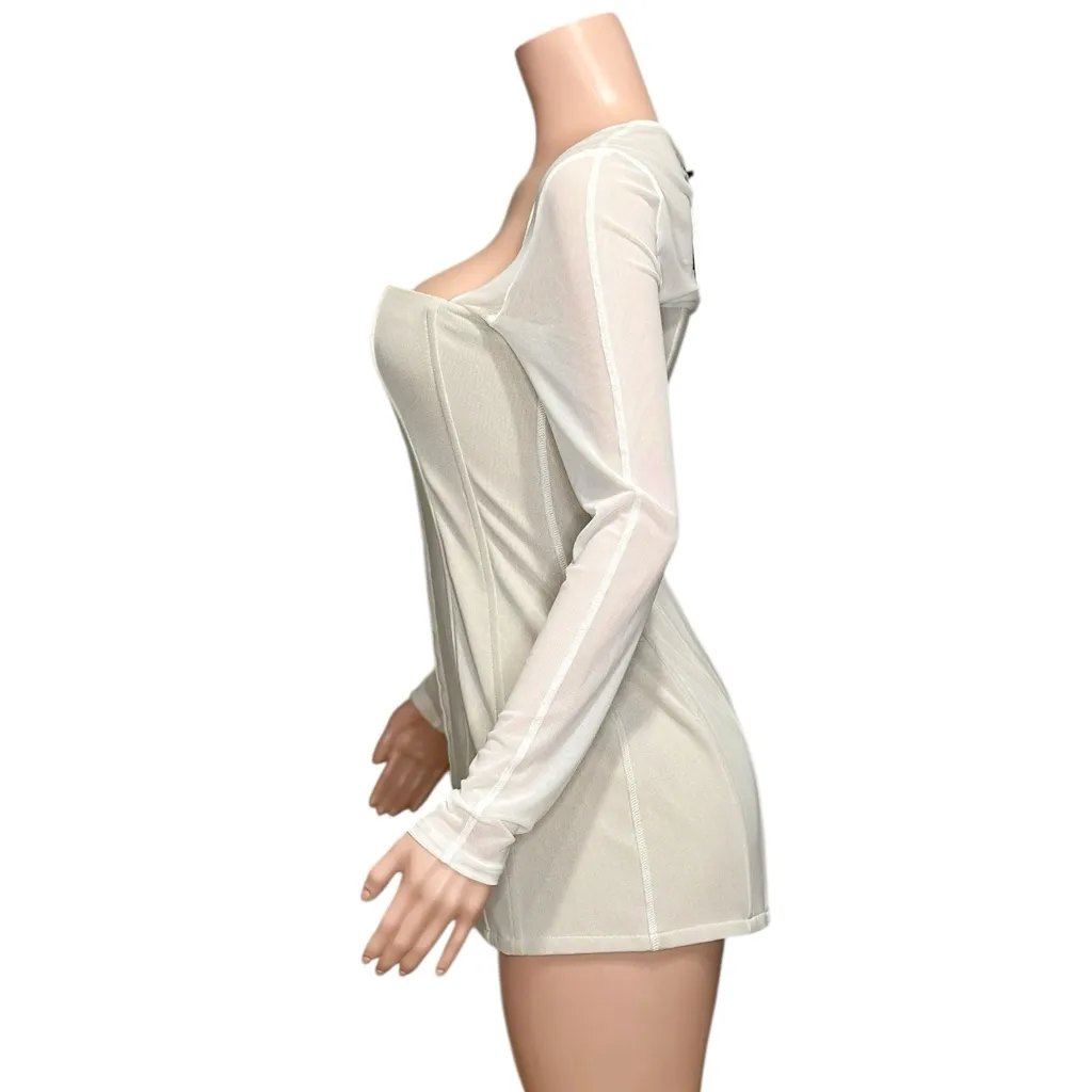 WITH JÉAN Al Long Sleeve Corset Mesh Mini Dress, White, Medium - Image 5