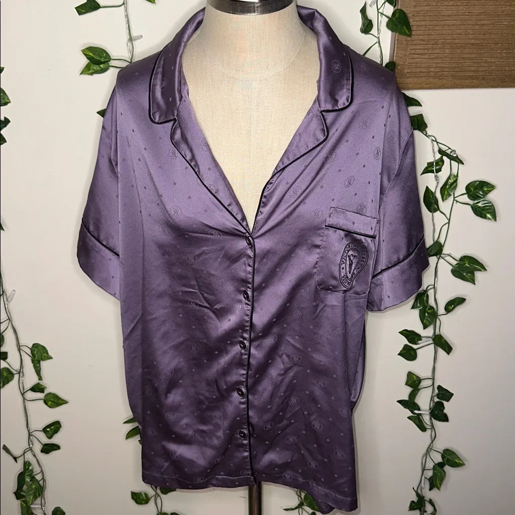 Victoria’s Secret Silky Style Button Up Pajama Shirt Purple Polka Dot - Image 3