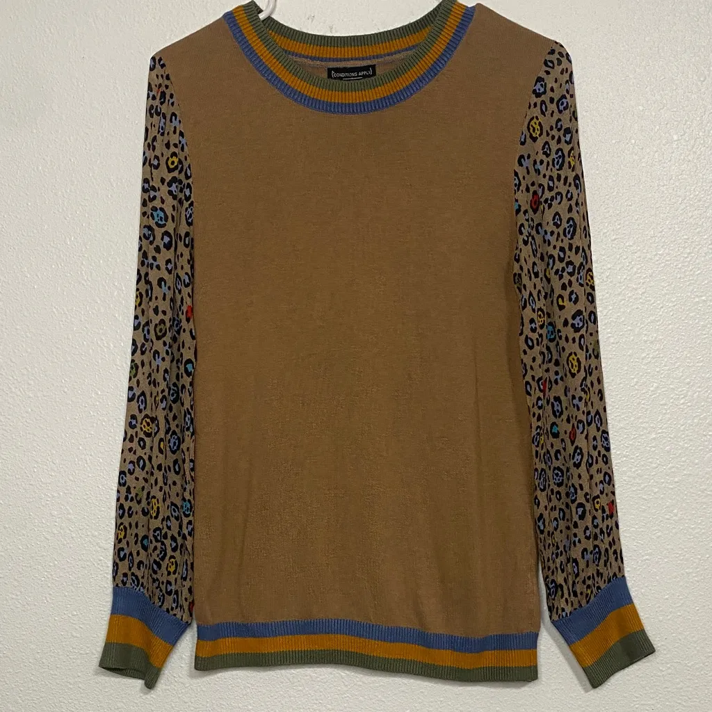 Anthropologie Camel Sweater with Vibrant Patterned Sleeves - Image 4