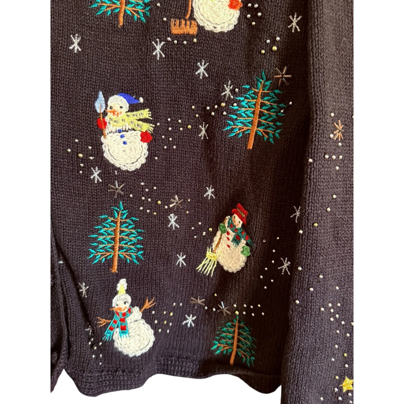 Vtg Designers Studio Ho Ho Ho Embellished Snowman Christmas Sweater Size Large Black - Image 3