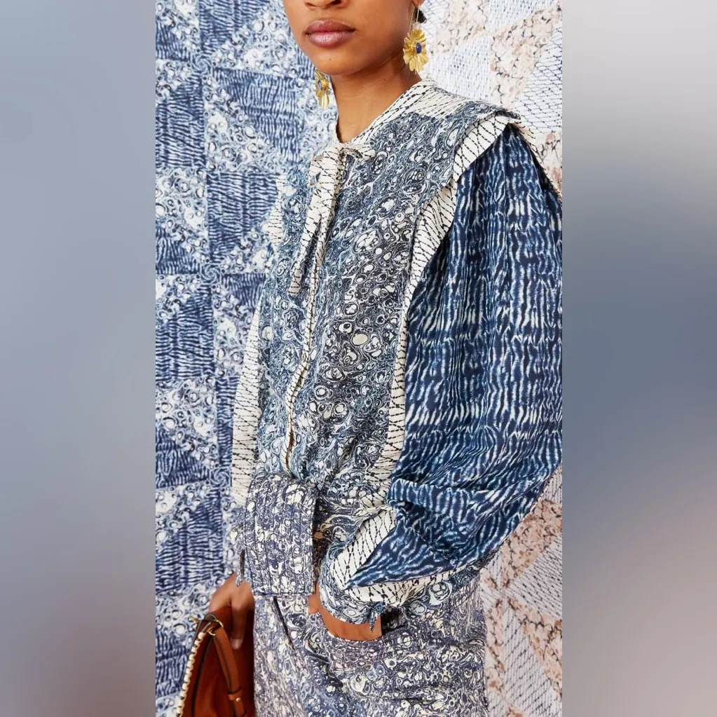 Ulla Johnson Nara Blouse Indigo Patchwork Printed Size 0 XS Statement Sleeves‎ - Image 16