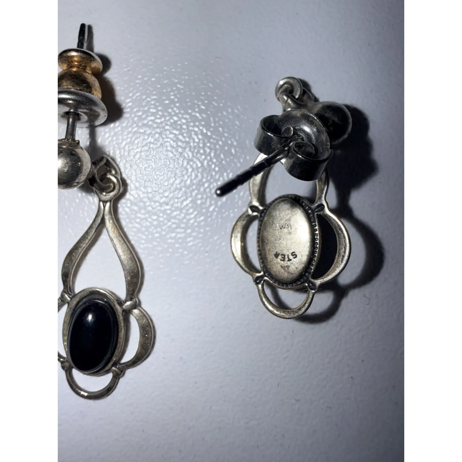 Vintage Art Deco 925 Sterling Silver Onyx Drop Chandelier Earrings - Image 3