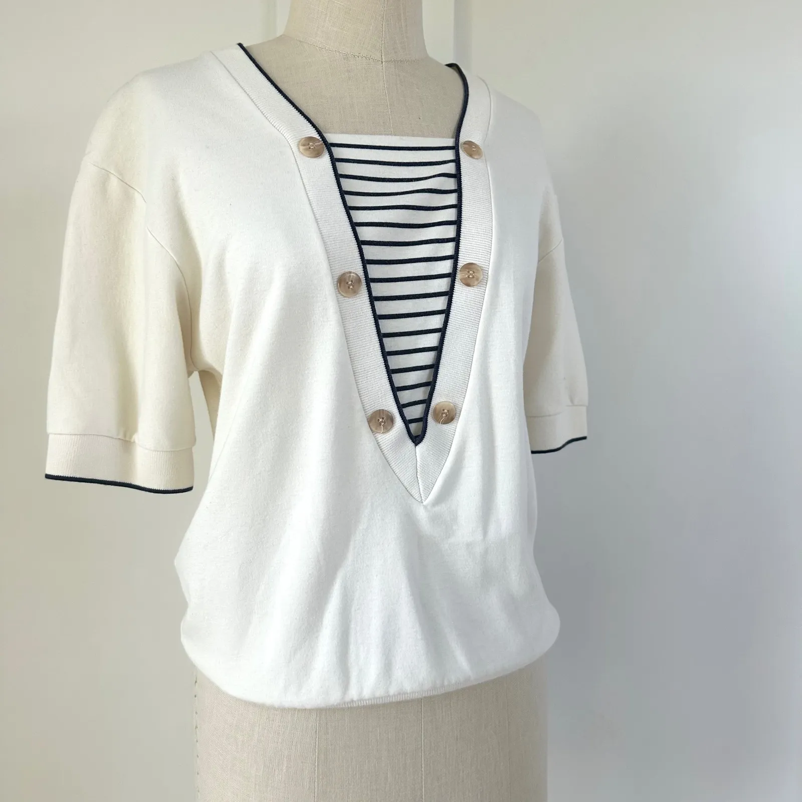Aileen Petites Vintage Striped Sailor Top XS Short Sleeve Casual Fisherman‎ Black - Image 7